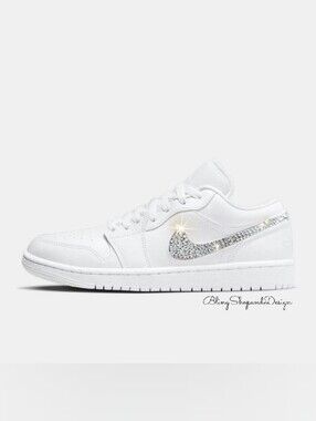 Air Jordan 1 Low Women's White Shoes With Crystals, Bridal Sneakers